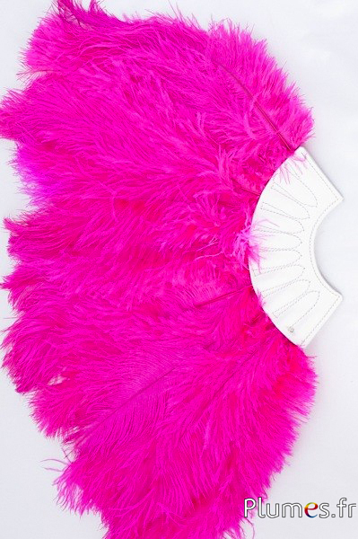 Éventail en plumes d’autruche - 20 plumes, cuir blanc - fuchsia